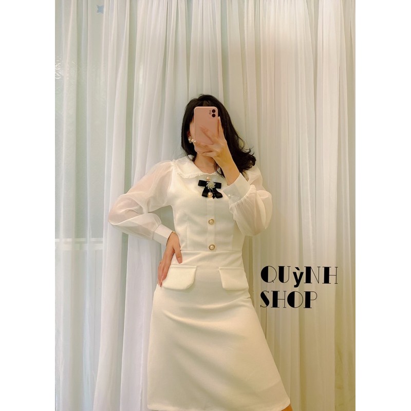 đầm trắng tay phối lưới kèm tag nơ đen chất bố quảng châu hàng loại 1 | BigBuy360 - bigbuy360.vn