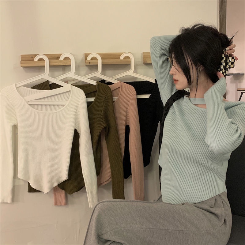 COZOK Áo sweater Dệt Kim Tay Dài Trễ Vai Thiết Kế Lệch Tà Cá Tính Dễ Phối Đồ