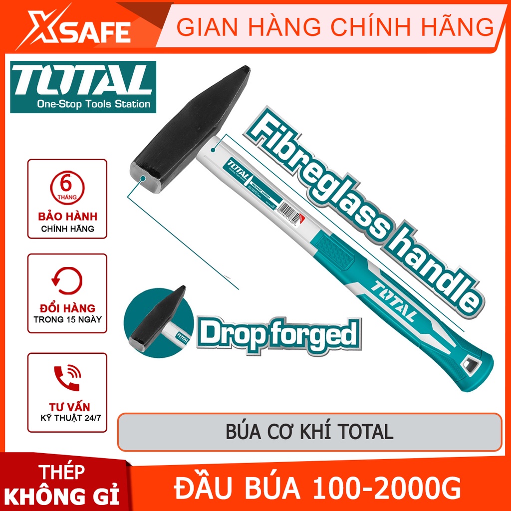 Búa đinh đầu dẹp và vuông TOTAL Búa cơ khí trọng lượng 100g, thép carbon 45# chịu nhiệt tốt dùng đóng đinh, đập cột,...