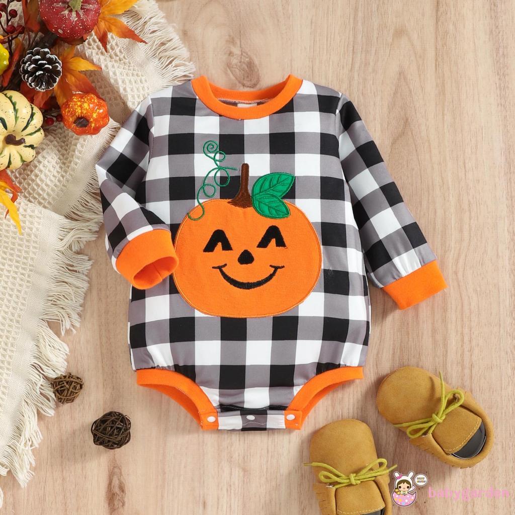 Bộ Áo Liền Quần Tay Dài In Họa Tiết Bí Ngô / Quả Bí Ngô Halloween Dành Cho Trẻ Em 0-18 Tháng Tuổi