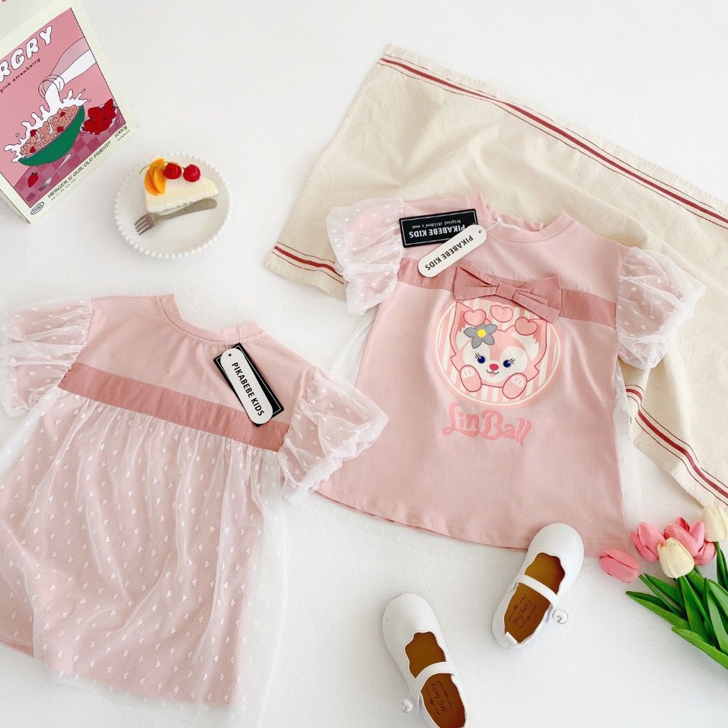 Đầm Công Chúa Tay Ngắn Phối Lưới Họa Tiết Hoạt Hình Phong Cách Hàn Quốc 2023 Cho Bé Gái