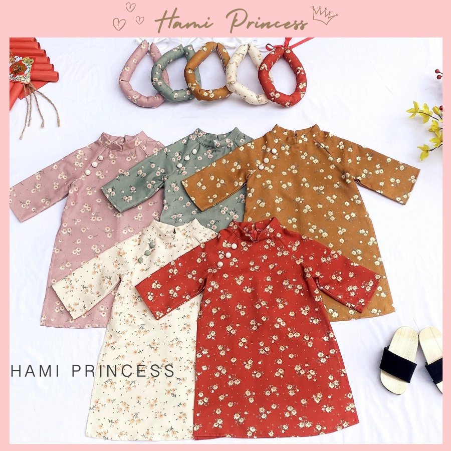 Áo Dài Hoa Nhí Cách Tân Cho Bé Gái HAMI PRINCESS (Kèm Quần Lụa &amp; Mấn Đội Đầu)