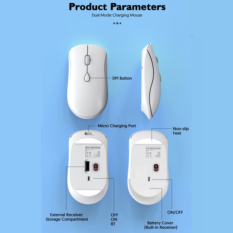 Chuột Không Dây Bluetooth 2.4G 1600 DPI Chống Trượt Có Thể Sạc Lại Dành Cho Điện Thoại Di Động / Máy Tính Bảng / Laptop