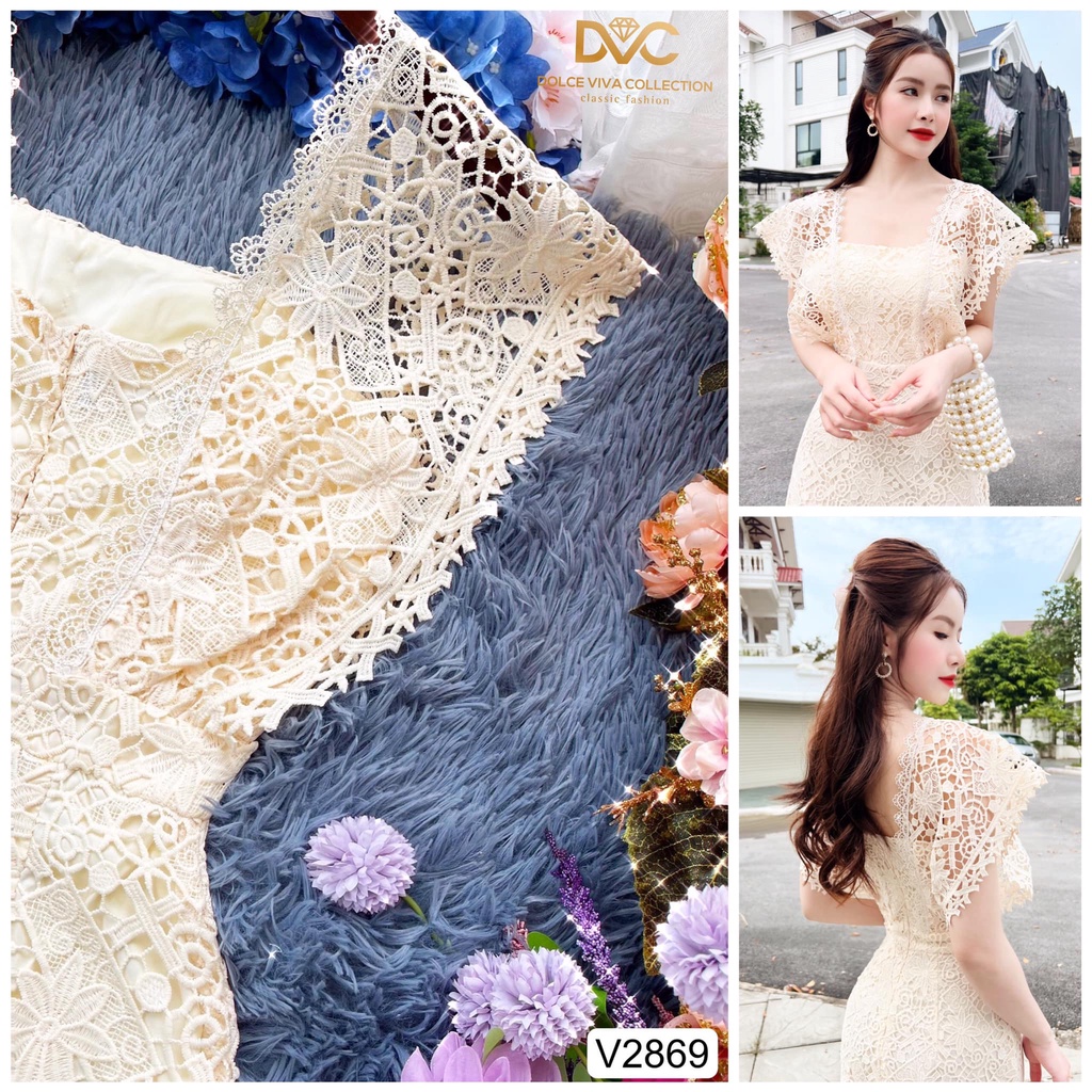 Váy chữ A ren kem cánh tiên cổ vuông siêu xinh V2869