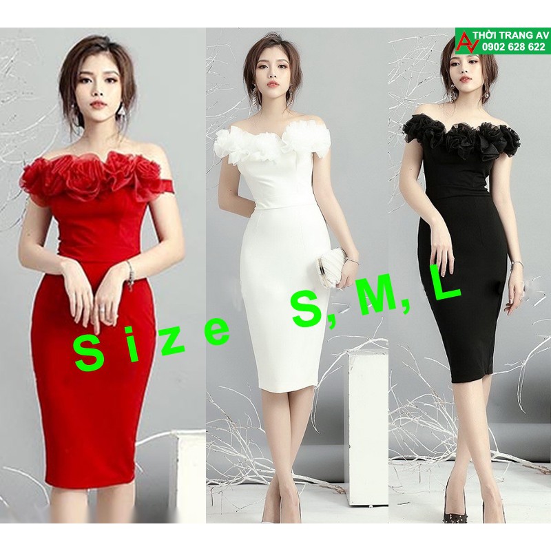 Đầm ôm body trễ vai cổ đính hoa hồng to đầy sang trọng - AV5787