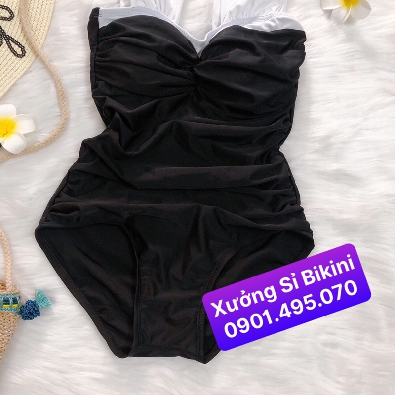 [BIKINI 1 MẢNH CAO CẤP] Đồ bơi nữ, đồ tắm 1 mảnh nhún ngực màu đen dây vai trắng bảng to cá tính