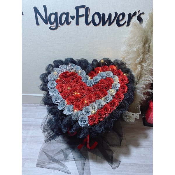 Bó Hoa 50 Bông Trái Tim Mix Ren ( Full Phụ kiện)
