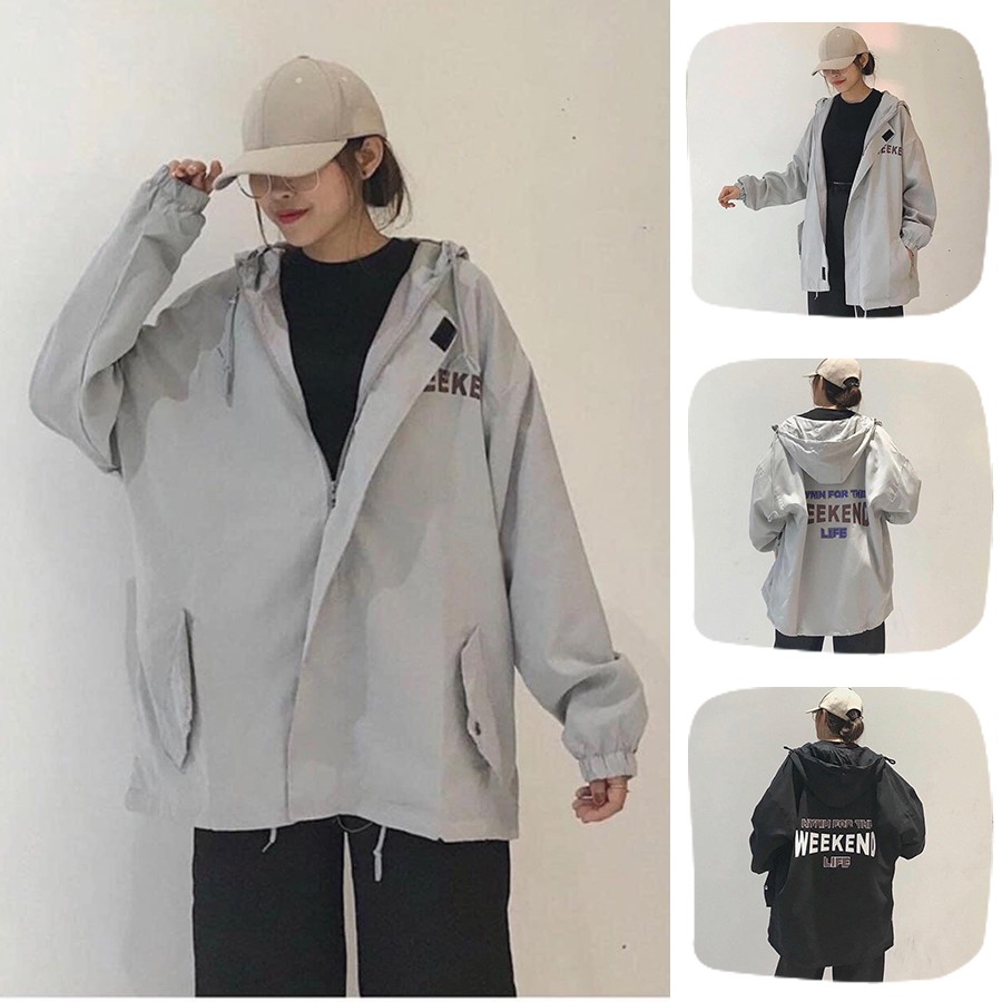 Áo Khoác Gió Hoodie che nắng chống gió cản mưa vải dù 2 lớp Thời Trang Unisex form rộng Đồ Đôi cho nam nữ in chữ Weekend