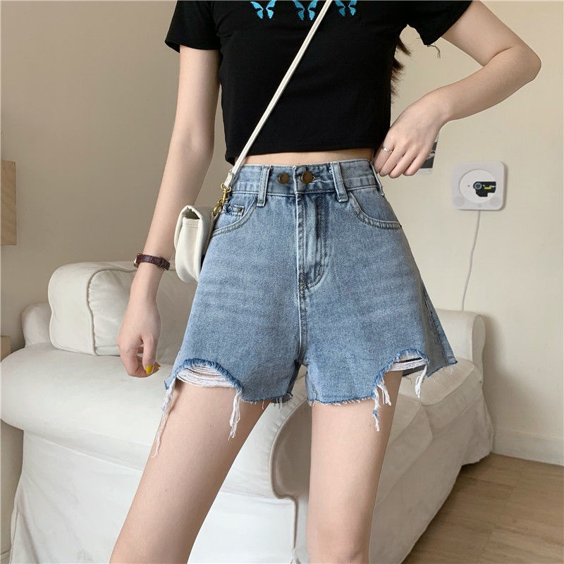 Quần Short Denim Lưng Cao Ống Rộng Theo Phong Cách Retro Hàn Quốc