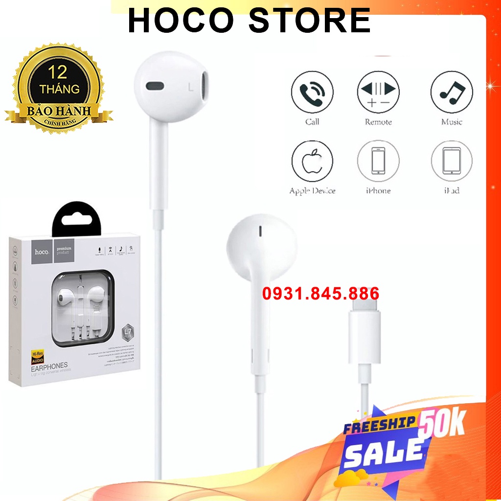 Tai Nghe IP 12 13 Promax Âm Thanh Hay Hoco L7 Plus Chính Hãng Cổng Ligthting cho điện thoại 6 6s 7 8 Plus X XR Xs Max 11