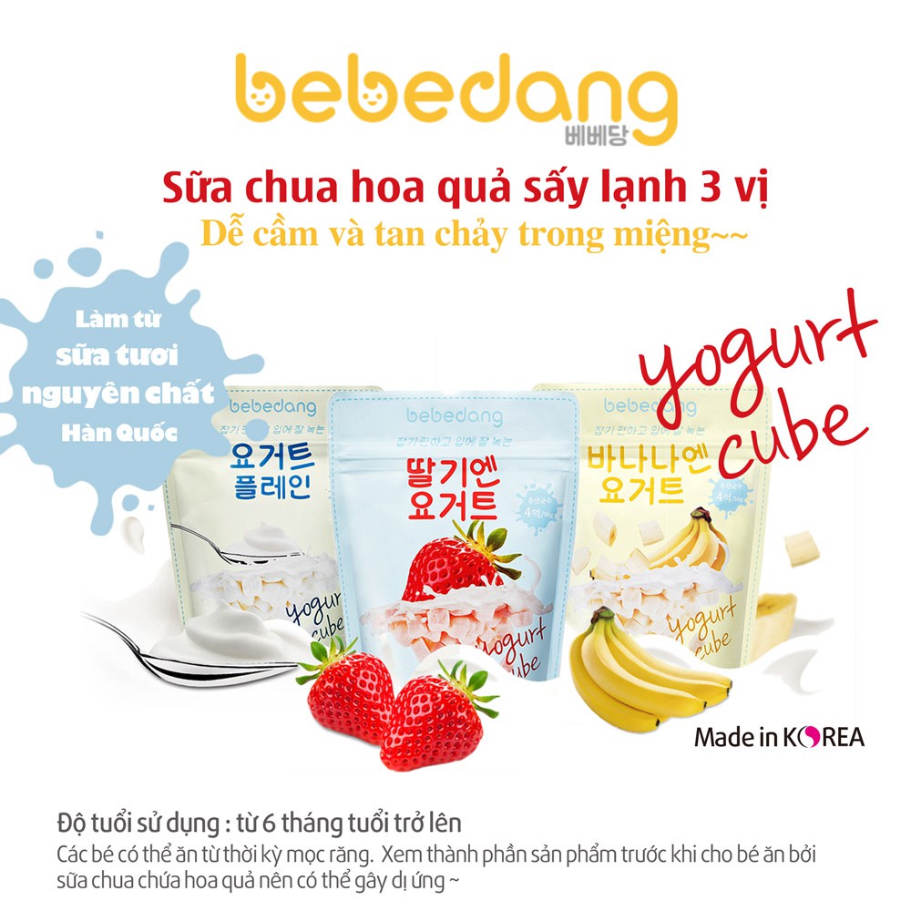 COMBO 3 GÓI sữa chua khô hoa quả sấy lạnh BEBEDANG 3 vị Dâu, chuối, sữa chua nguyên chất cho bé 6+