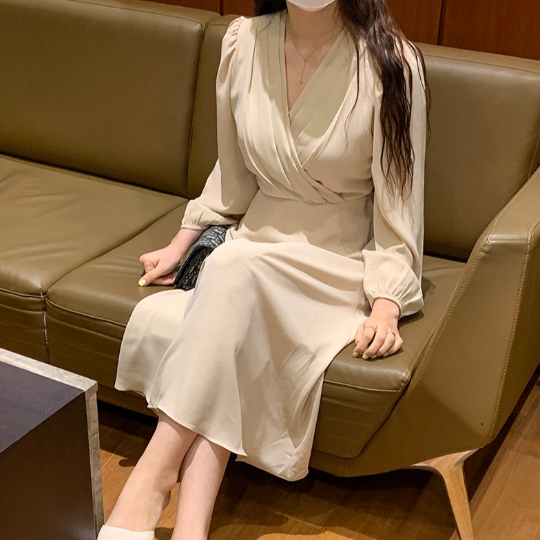 Đầm Voan Dài Tay Cổ Chữ V Xếp Ly Phối Dây Thắt Eo Thanh Lịch 42049