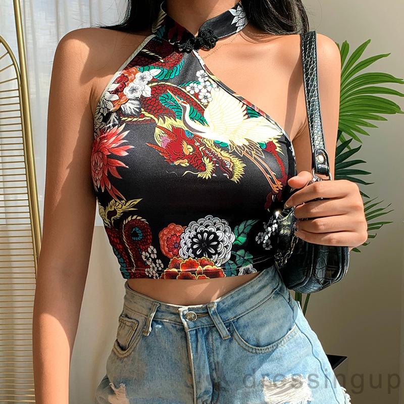 Áo croptop co giãn phong cách retro Trung Hoa gợi cảm cho nữ