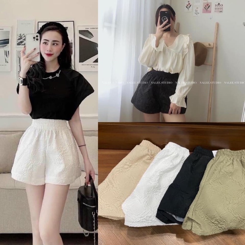 Quần sooc cạp chun dáng bồng chất xốp hoa nổi Ulzzang