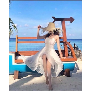 maxi trắng đan dây