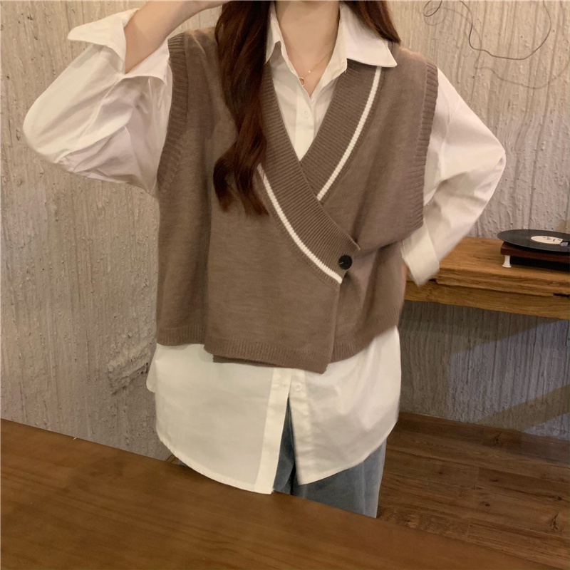 ZHELIHANGFEI Áo Len Không Tay Dáng Rộng Phong Cách Preppy Dễ Phối Đồ