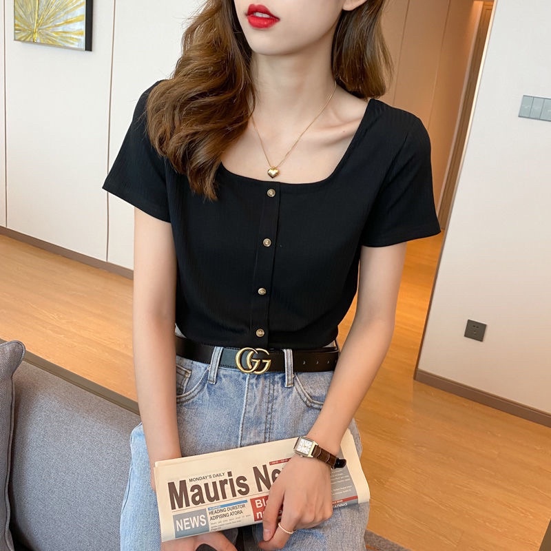 Áo thun nữ tay ngắn cổ vuông cute