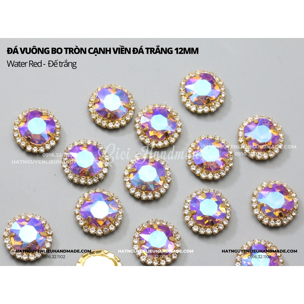 Đá vuông bo tròn cạnh viền đá trắng đế bạc 12mm (1/2) Cici Handmade chuyên hạt đá hạt pha lê hạt cườm hạt trang sức DIY