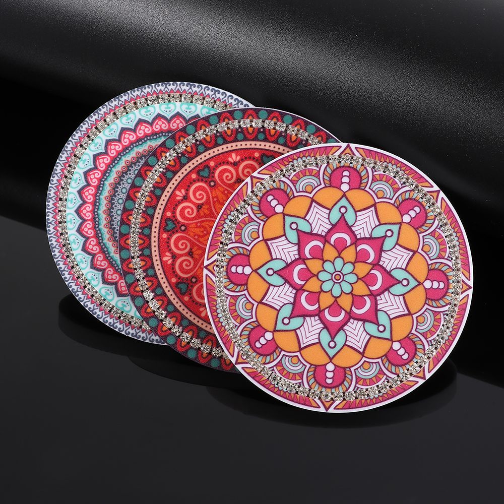 Miếng lót ly bằng cao su chống trượt họa tiết mandala đính đá trang trí nội thất ô tô