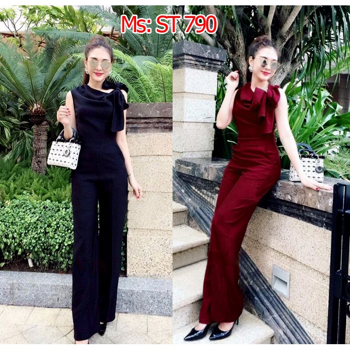 Jumpsuit đồ bay dài ống suông thắt nơ cổ giống Bạch Nguyễn