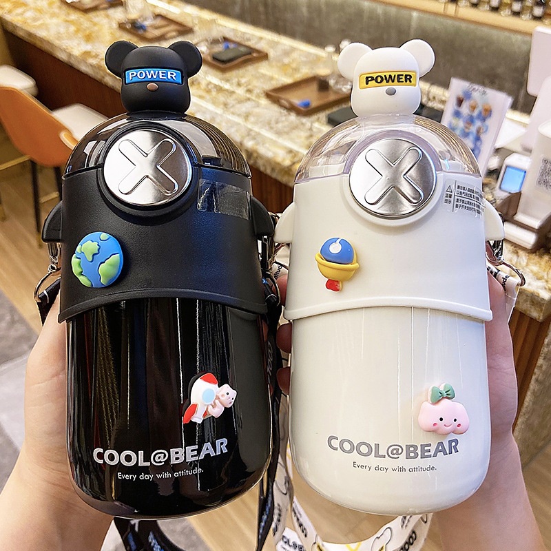 Bình nước giữ nhiệt Cool Bear Power nắp bấm ống hút silicon kiểu dáng dễ thương kèm dây đeo,mang đi học đi làm,quà tặng