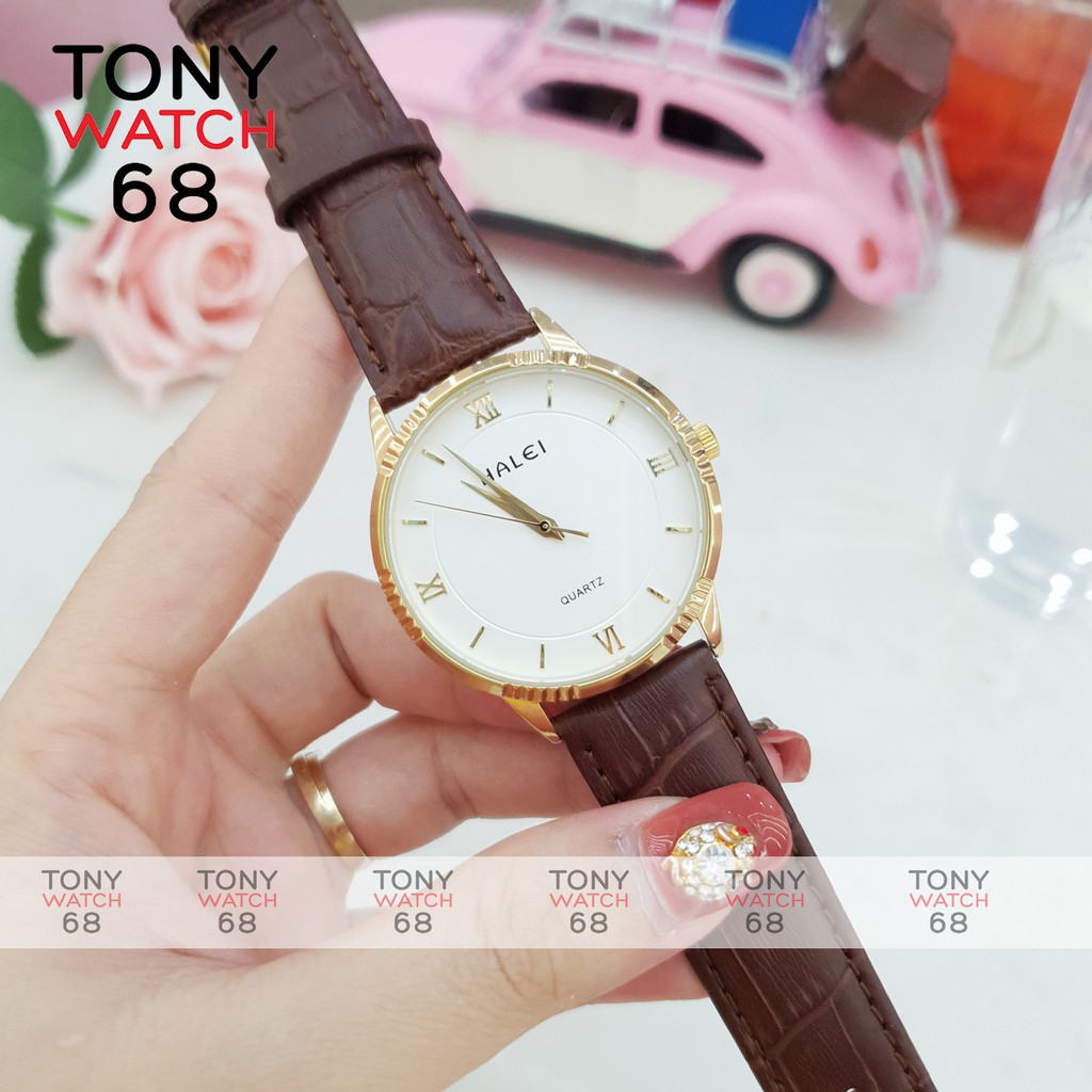 Đồng hồ nam Halei dây da nâu viền mạ vàng chống nước tuyệt đối chính hãng Tony Watch 68 | BigBuy360 - bigbuy360.vn