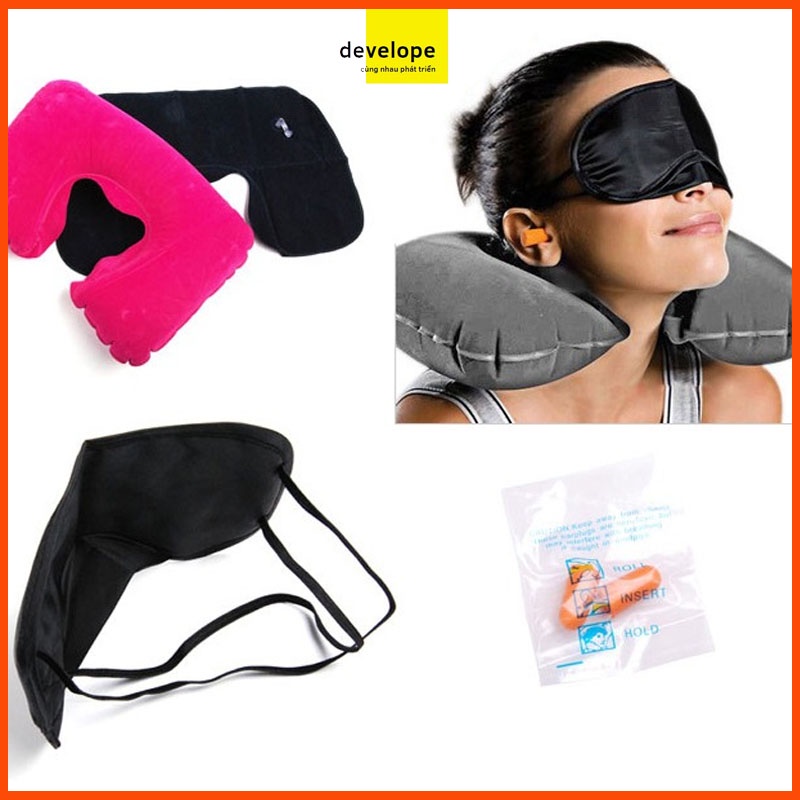 BỘ GỐI HƠI KÊ CỔ HÌNH CHỮ U KÈM ĐỒ BỊT MẮT VÀ NÚT BỊT TAI 3IN1 TIỆN DỤNG ĐỂ NGỦ KHI ĐI DU LỊCH, MÁY BAY, TÀU XE