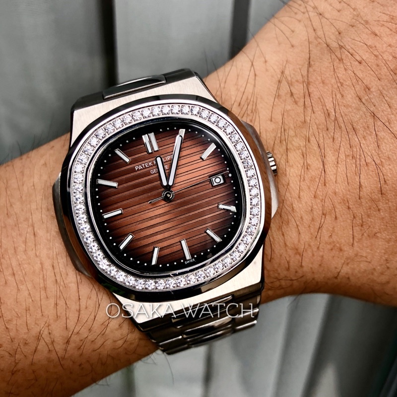 Đồng Hồ Nam Cơ Automatic PP GENEVA Nautilus PT8168KL Viền Kim Cương Dây Kim Loại Lịch Ngày Hàng Chuẩn Cao Cấp - Màu Nâu