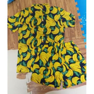 (Có size cho trẻ con)Bộ hoa quả đi biển chất lanh lụa mẫu chuối