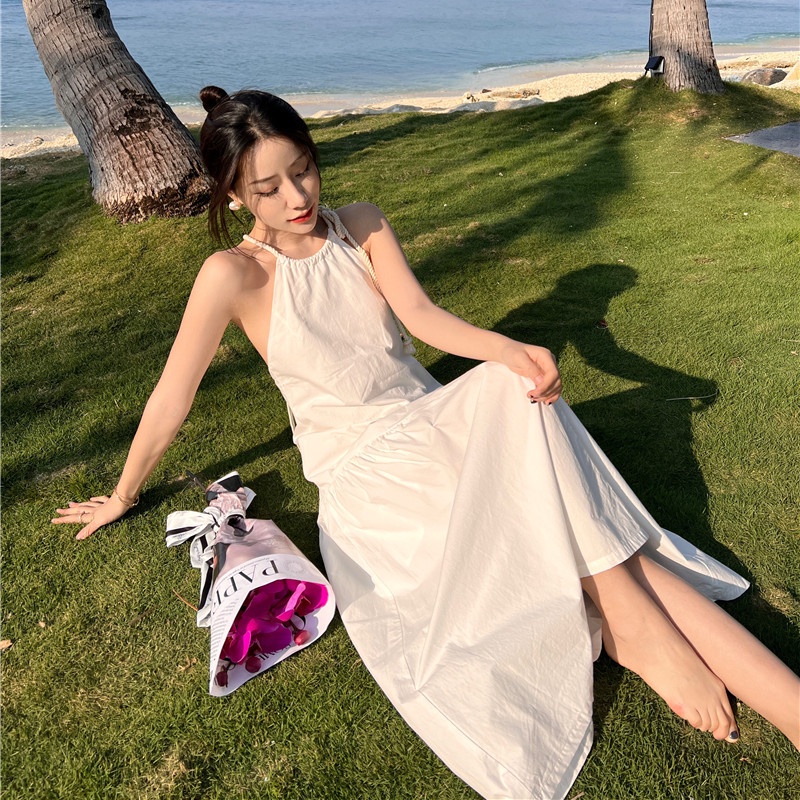 ĐẦM MAXI- VÁY MAXI TRẮNG ĐAN DÂY HỞ LƯNG ĐI BIỂN QUẢNG CHÂU LOẠI ĐẸP MS 7792