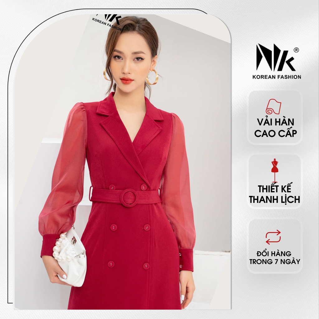 Váy Sơ Mi Công Sở Nữ NK Fashion Thiết Kế Cổ Vest Dài Tay Giao Cúc Kèm Đai Eo Tôn Dáng NKDV2112004