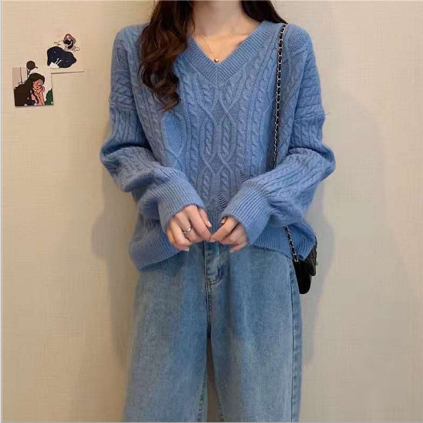Áo len đuôi tôm xước cổ V dáng ngắn style Hàn Quốc len dệt kim hàng Quảng Châu