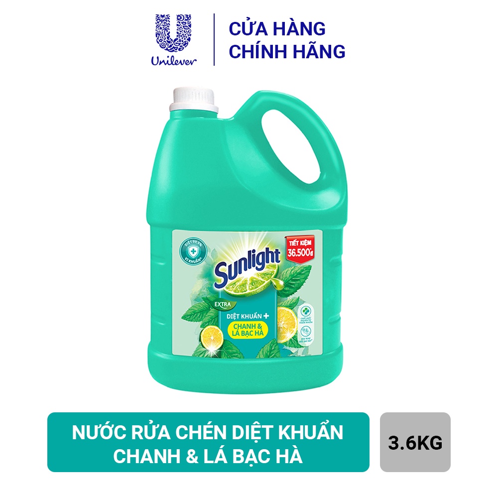 Nước Rửa Chén Sunlight Diệt Khuẩn Chiết xuất Chanh và Lá Bạc Hà, giúp Diệt Vi Khuẩn Bám Trên Chén Dĩa (Can 3.6kg)