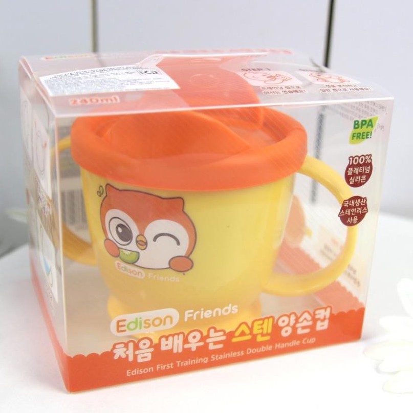 Đồ dùng ăn dặm cho bé make in Korea - cốc tập uống Inox có nắp đậy silicon Edison hình cú mèo (quai 2 bên) 8809089305592