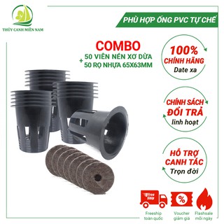 Combo 50 Viên Nén Xơ Dừa Ươm Cây + 50 Rọ Nhựa Trồng Rau Thủy Canh 65x63mm, Lỗ Khoét 55mm Dành Cho Ống PVC Tự Chế Tại Nhà
