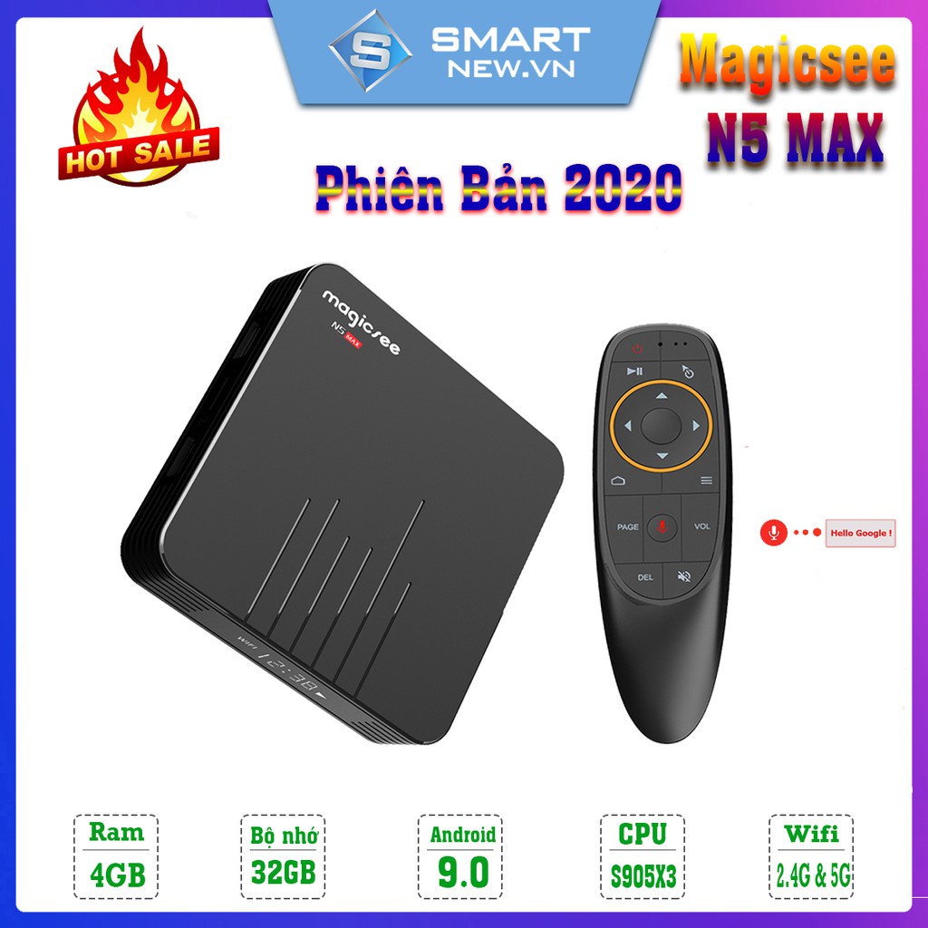 Android Tivi Box Magicsee N5 Max phiên bản 2020 - Ram 4GB, Rom 32Gb, Android 9.0 ( Có Bản ATV) - Điều khiển giọng nói