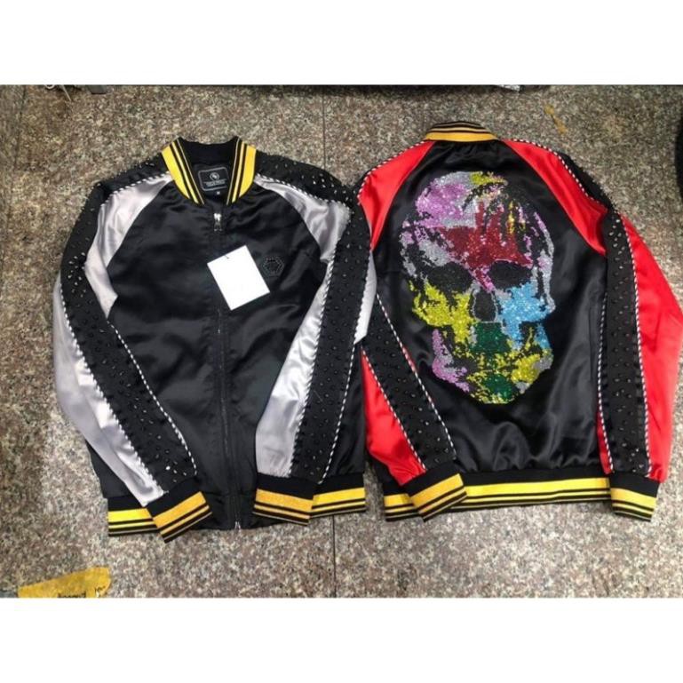 👍 Xả Tết 2021 - HÀNG LOẠI 1💞 Áo khoác Bomber đính đinh tán đầu lâu màu xanh đỏ (được xem hàng) 👍