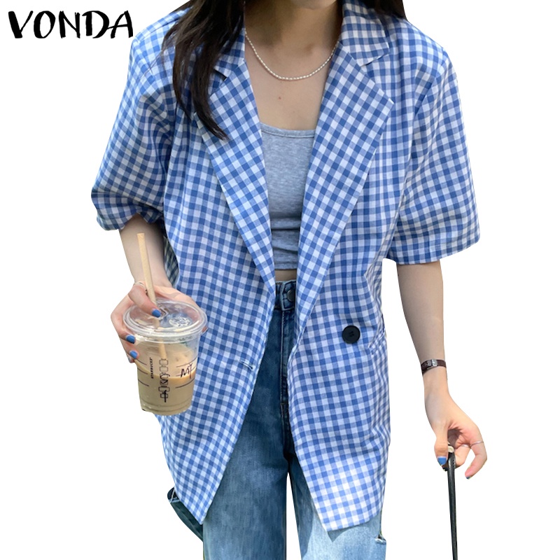 Áo khoác blazer VONDA ngắn tay họa tiết sọc caro phong cách Hàn Quốc | BigBuy360 - bigbuy360.vn