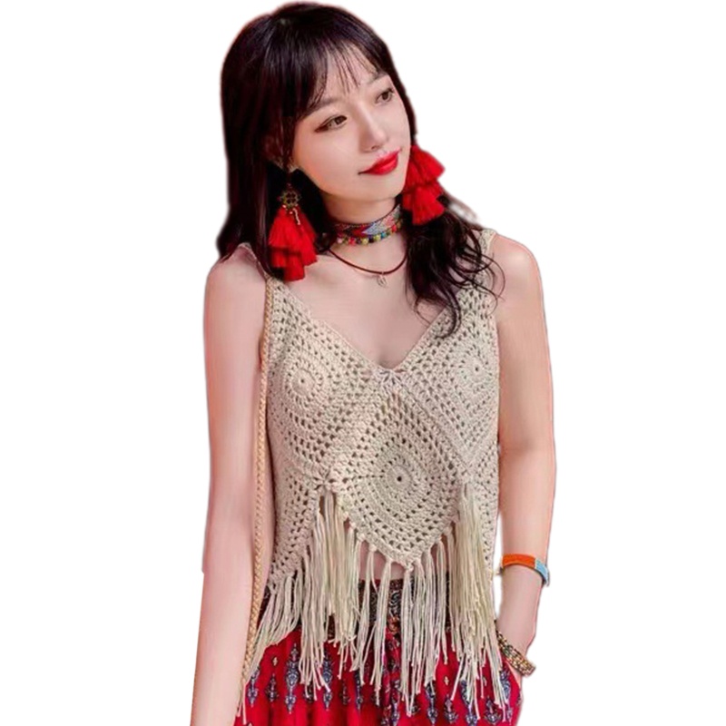 Áo Croptop Không Tay Cổ Chữ V Hở Lưng Phối Tua Rua Họa Tiết Vân Kim Cương Phong Cách Boho Dành Cho Nữ