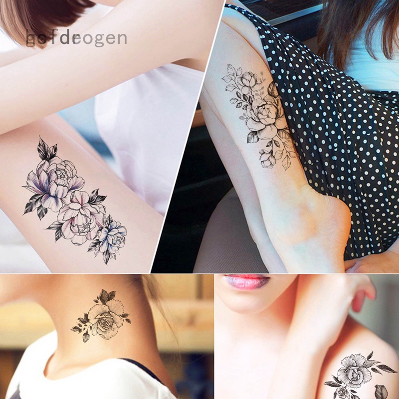 Hình xăm dán tạm thời hình hoa mẫu đơn / hoa hồng màu đen chống thấm nước