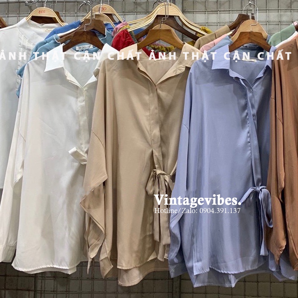 Áo sơ mi Hàn Quốc, Áo sơ mi trơn dáng rộng thắt nơ bên nhiều màu Ulzzang - Ảnh thật