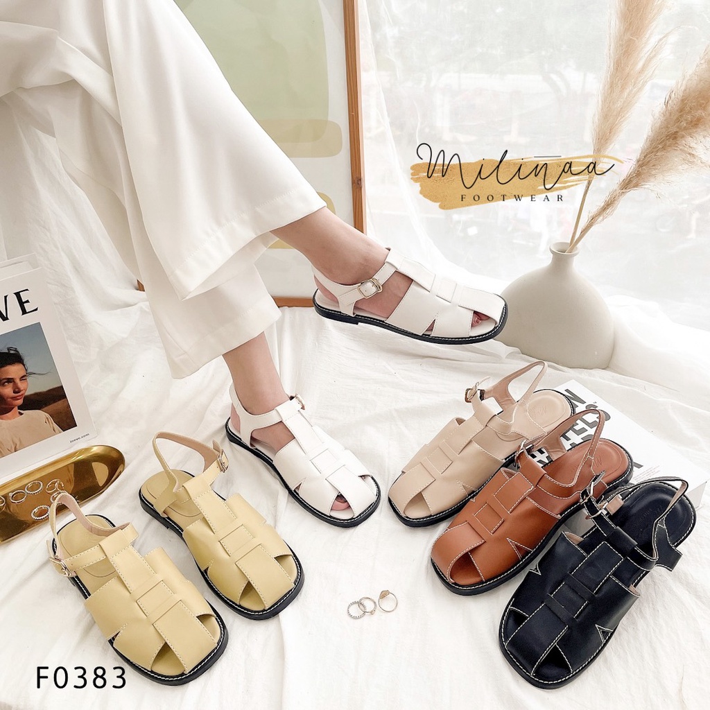 GIÀY SANDAL NỮ BÍT MŨI QUAI RỌ PHỐI BẢN CHỮ H VIỀN CHỈ F0383
