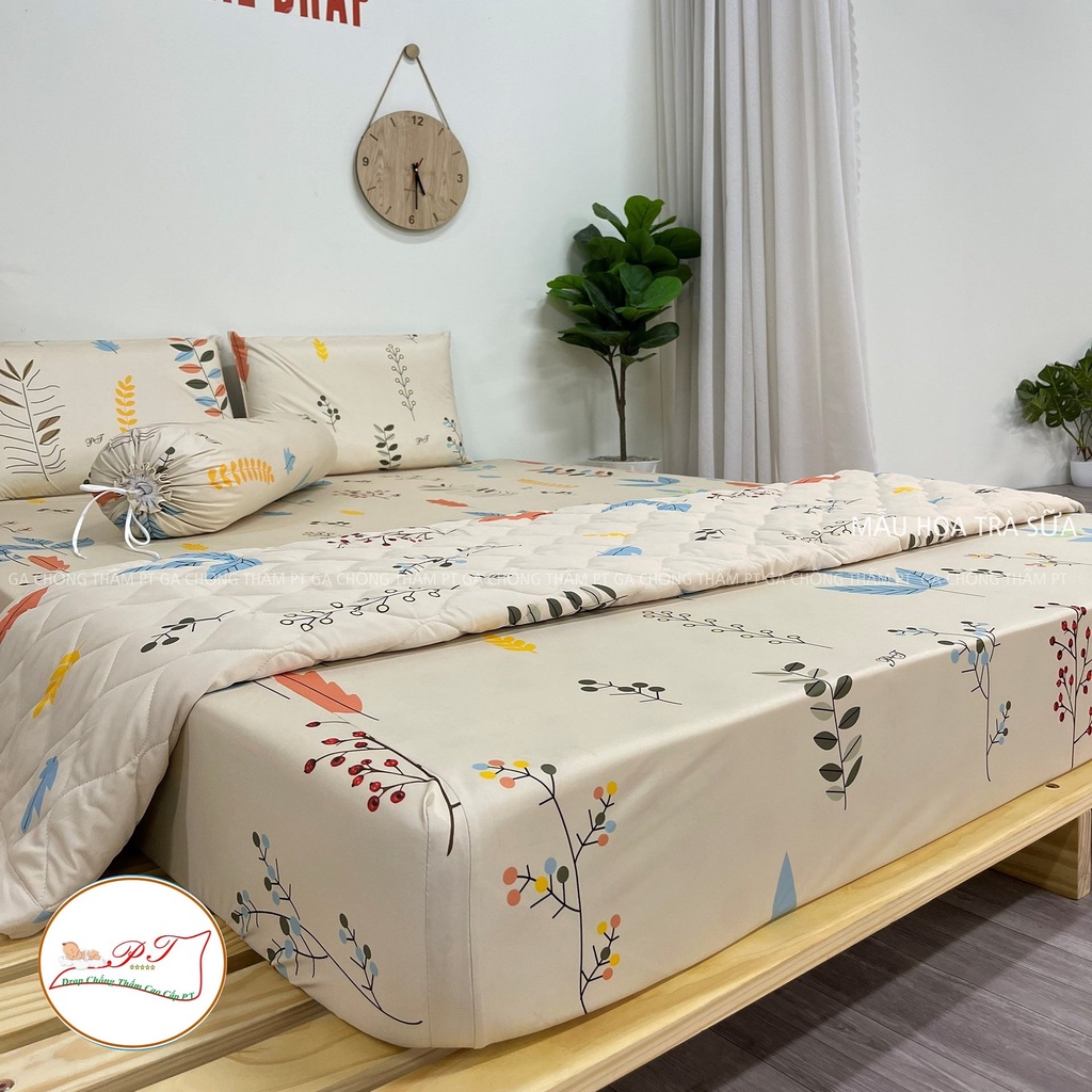 Bộ ga chống thấm cotton cho bé, drap chống thấm nước cao cấp kèm vỏ gối đầu và vỏ gối ôm mềm mịn mát (mẫu hoa trà sữa)