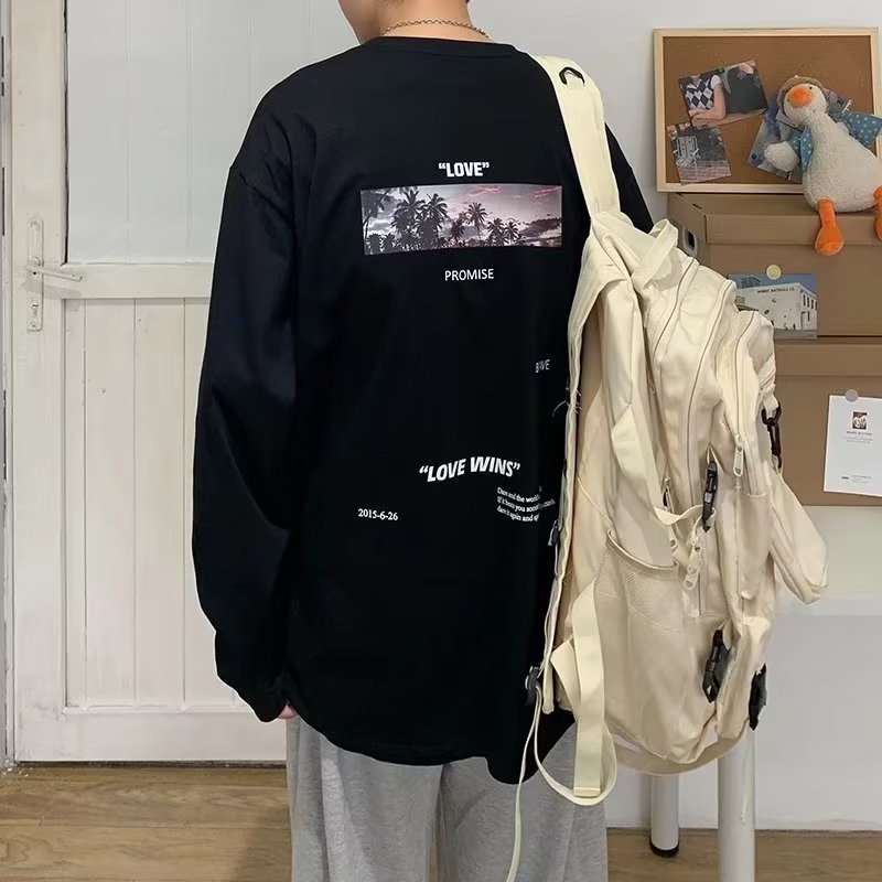 Áo Thun Tay Dài Cổ Tròn Dáng Rộng In Chữ Phong Cách Hip Hop Hàn Quốc Thời Trang Cho Nam Size M-5XL