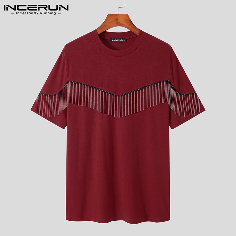 Áo thun INCERUN ngắn tay cổ tròn phối tua rua 3 màu tùy chọn phong cách thời trang cho nam