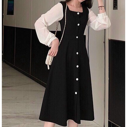 Gunkaymatter Đầm Xòe Tay Dài Phối Lưới Cổ Vuông Cài Nút Chất Liệu Kate