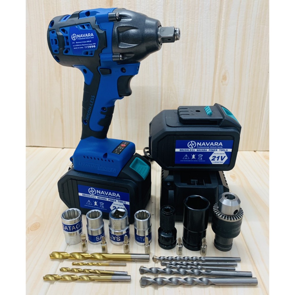 Máy siết bulong dùng pin không chổi than NAVARA 380NM - Tặng kèm bộ phụ kiện 23 chi tiết cao cấp -  Pin khủng 15 Cell