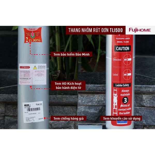 Thang nhôm rút đơn 3,8M-4,4M-5M gấp gọn nhập khẩu chính hãng FUJIHOME, thang rút xếp gọn gia đình đa năng CN Nhật Bản