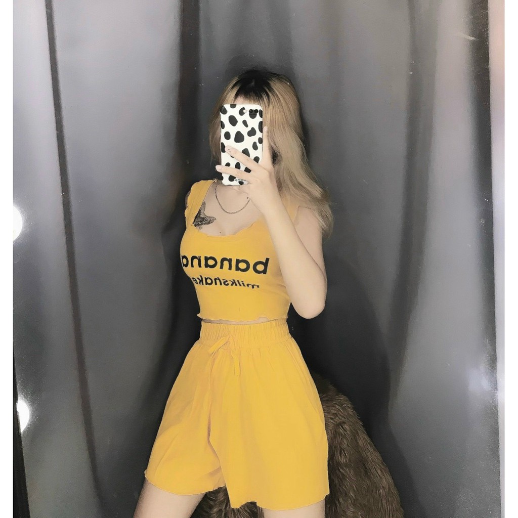 set bộ áo cuốn biên ba lỗ in banana quần short xinh xinh
