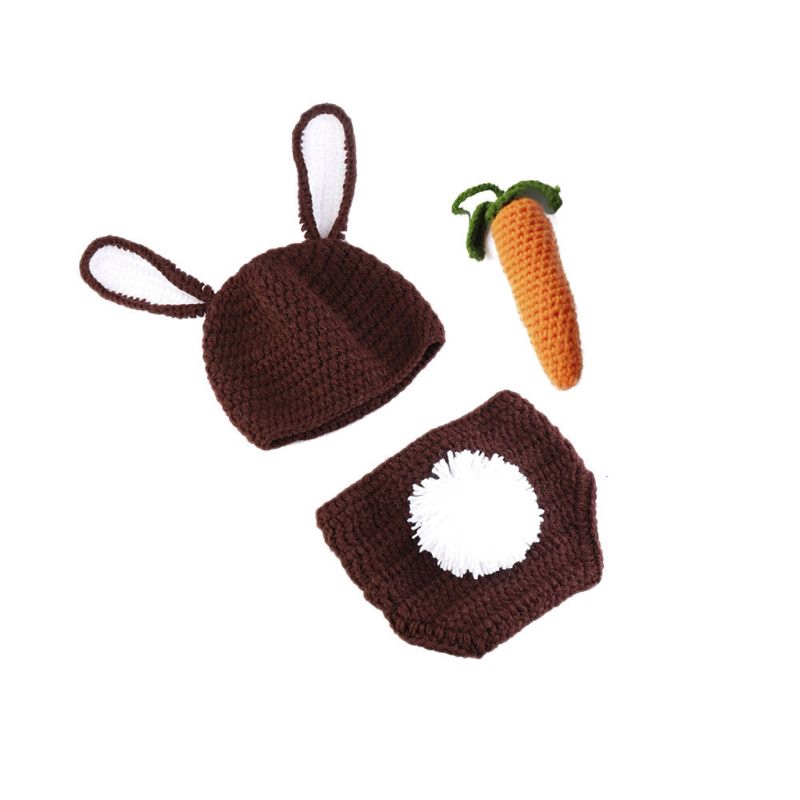 Mary☆3pcs Newborn Photography Props Handmade Infant Outfits Baby Rabbit Crochet Hat